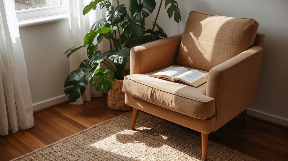 Sala acolhedora com luz natural suave, poltrona confortável, plantas e texturas naturais demonstrando decoração sensorial