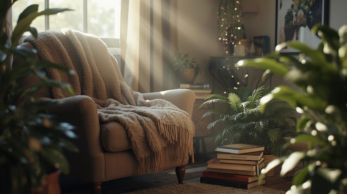 arquitetura afetiva em sala com luz natural, madeira e objetos pessoais