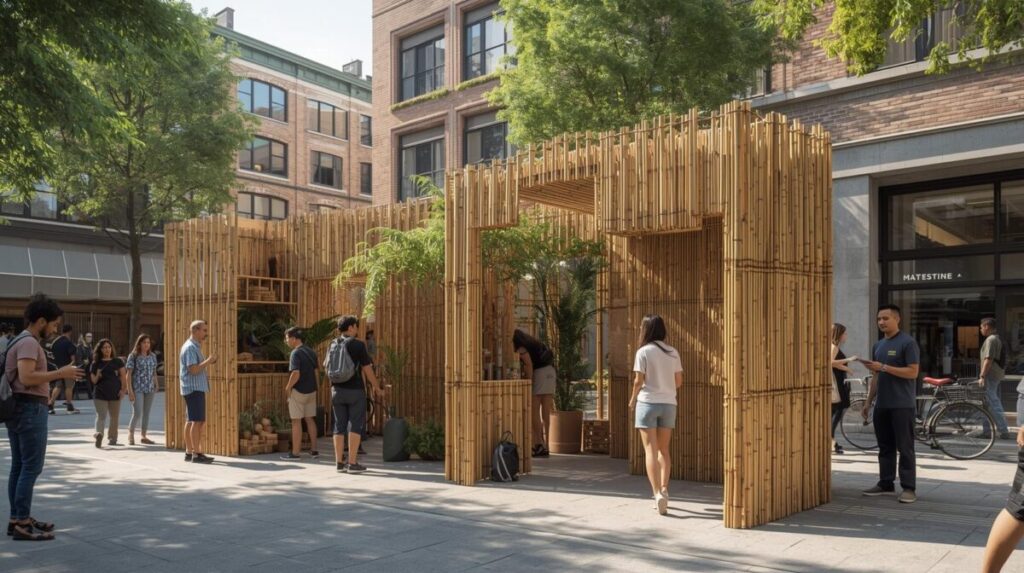 Instalação de arquitetura efêmera em bambu em espaço publico urbano com pessoas interagindo com a estrutura