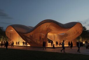 Pavilhao de arquitetura efemera com estrutura de madeira iluminada ao entardecer, com visitantes ao redor