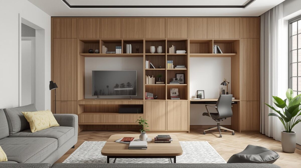 Espaços multifuncionais como esse exemplo: sala integrada ao home office e móveis versáteis