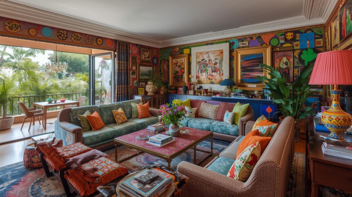 Maximalismo Eclético — O que é, significado e como aplicar na decoração 1 maximalismo eclético aplicado na decoração de sala com cores vibrantes, quadros e mix de texturas