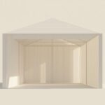 Estrutura de pavilhão temporário com formas geometricas representando o conceito de arquitetura efêmera