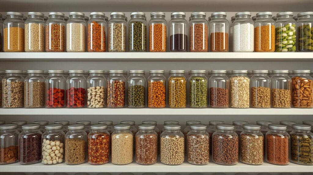 Produtos domésticos que funcionam: despensa organizada com potes de vidro herméticos transparentes contendo alimentos secos, grãos e mantimentos visíveis