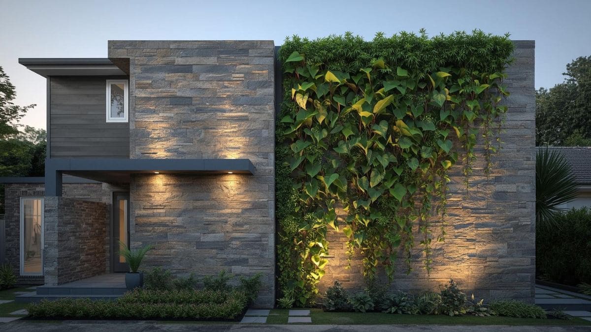 Fachada residencial contemporânea com revestimento de pedra natural brasileira