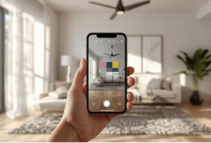 Visualização de design de interiores com realidade aumentada sobreposta em sala de estar moderna e bem iluminada