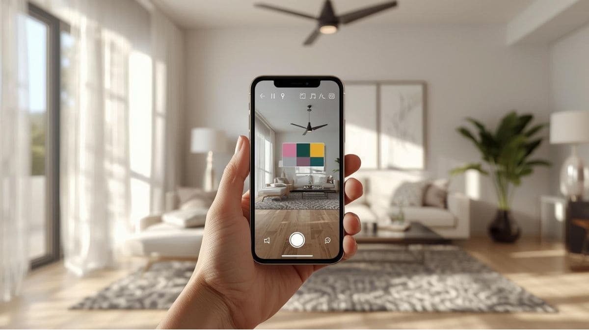 Visualização de design de interiores com realidade aumentada sobreposta em sala de estar moderna e bem iluminada