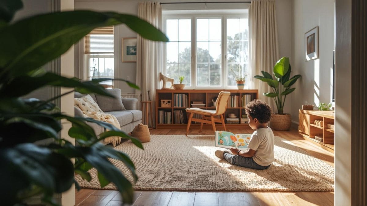 criança explorando ambiente doméstico acolhedor com luz natural desenvolvimento infantil