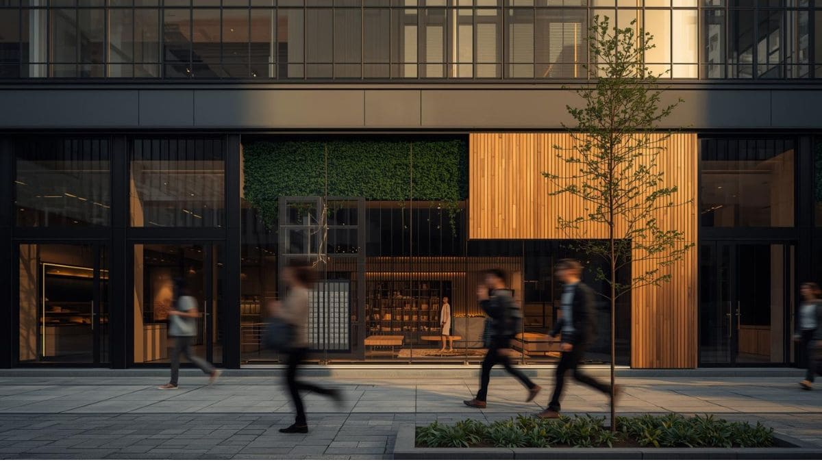Pop-up store com design de marca em destaque em espaço urbano — exemplo de arquitetura efêmera no varejo.