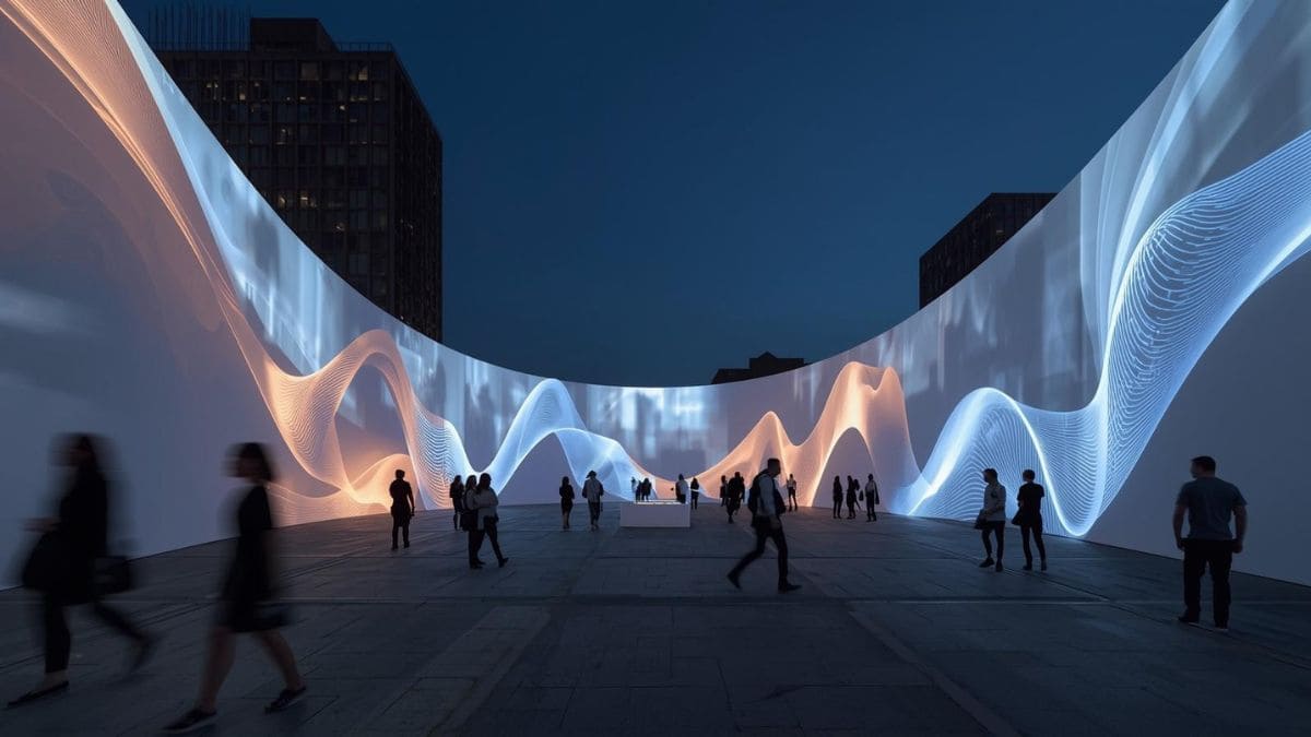 Instalação imersiva com projeção mapeada sobre superfície curva ao entardecer — tecnologia na arquitetura efêmera com luz digital em espaço urbano.