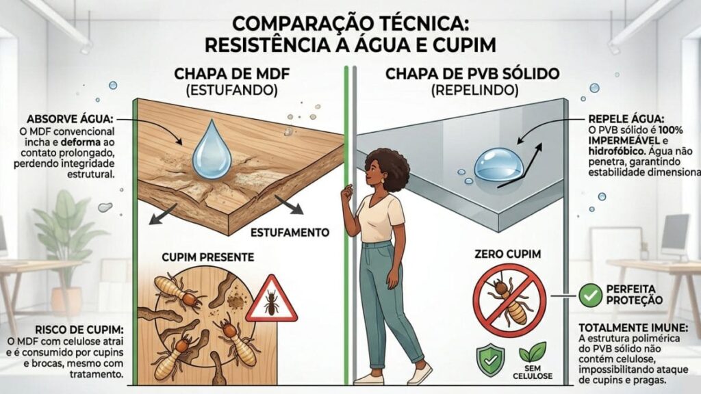 7 Tendências de Marcenaria Funcional para Transformar Ambientes Pequenos 5 comparativo técnico entre MDF e chapa de PVB sólido resistência a água e cupim