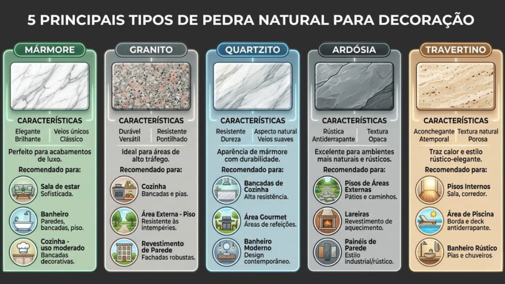 infográfico tipos pedra natural decoração aplicações por ambiente
