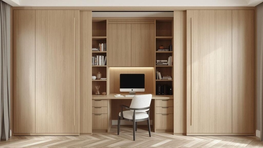 7 Tendências de Marcenaria Funcional para Transformar Ambientes Pequenos 2 marcenaria funcional home office escondido em painel de madeira