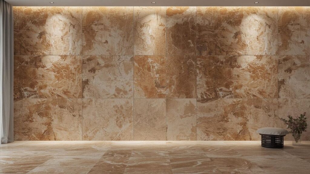 travertino revestimento parede sala estar decoração pedra natural