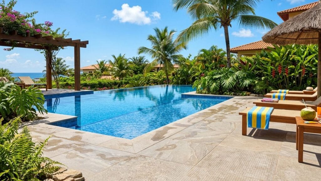 Melhores Revestimentos para Clima Tropical em 2026: Top 5 2 Porcelanato externo com acabamento antiderrapante em área de piscina está entre os melhores revestimentos para clima tropical