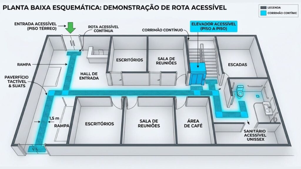 planta baixa rota acessível design inclusivo NBR 9050 circulação