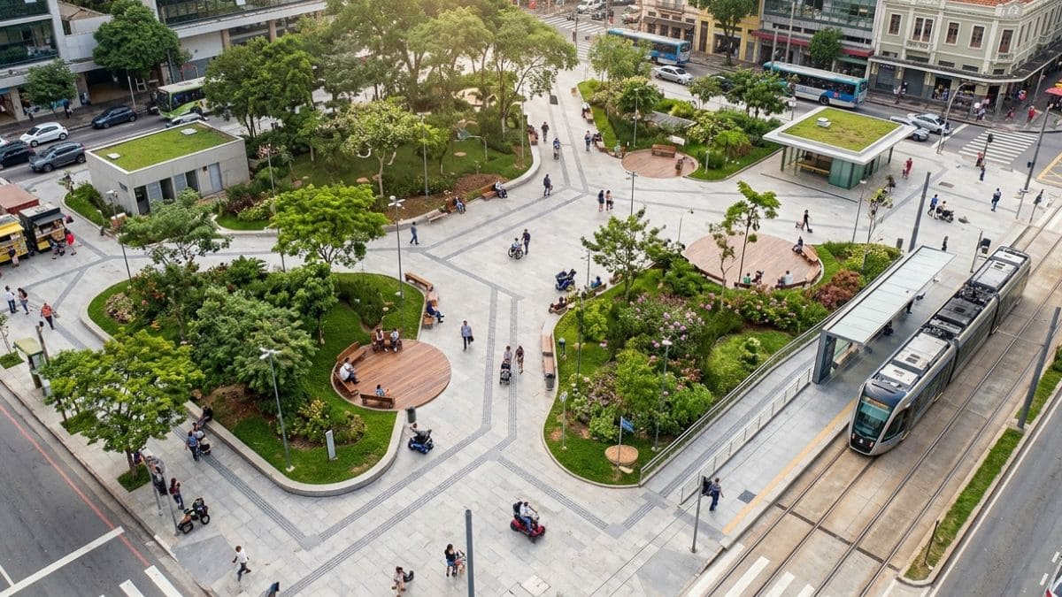praça urbana com percurso tátil bem integrado ao desenho paisagístico, sem segregar o espaço para cadeirantes