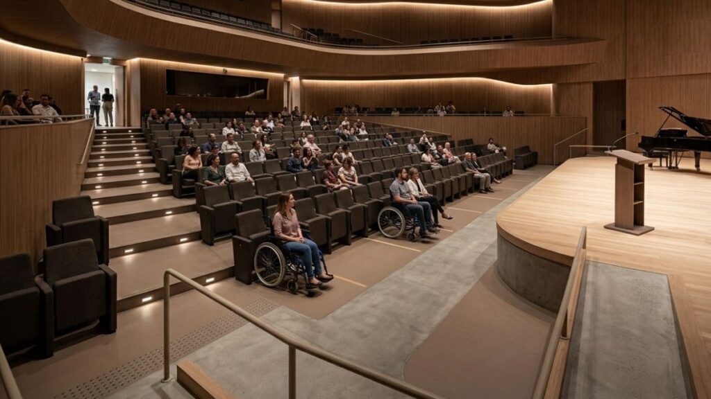auditório design inclusivo espaços cadeira de rodas plateia integrada