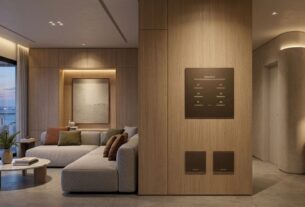 Sala de estar contemporânea com iluminação cênica automatizada e painel de controle minimalista integrado à marcenaria de madeira. Detalhe de interruptores inteligentes embutidos quase invisíveis e design de interiores com tons neutros e luz quente.