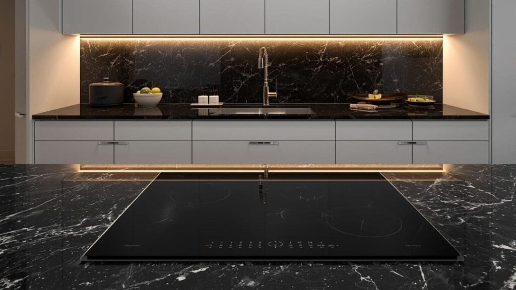 bancada de granito preto com acabamento leather em cozinha contemporânea