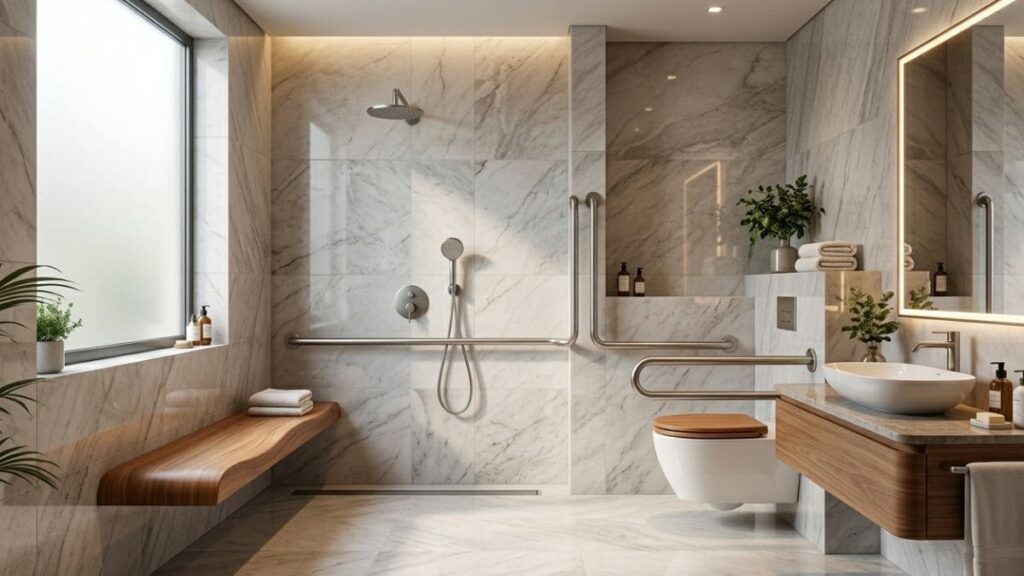 banheiro acessível design inclusivo alto padrão barras de apoio integradas