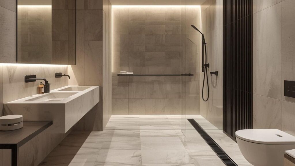 banheiro acessível de luxo ralo linear e design universal