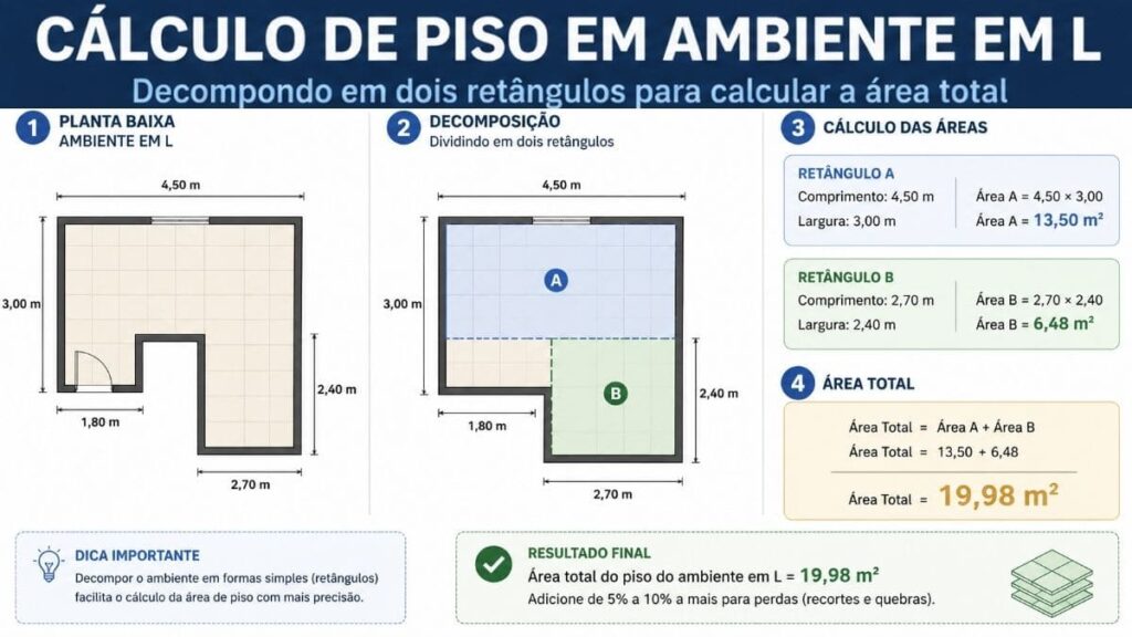 como calcular area ambiente formato L revestimento piso diagrama