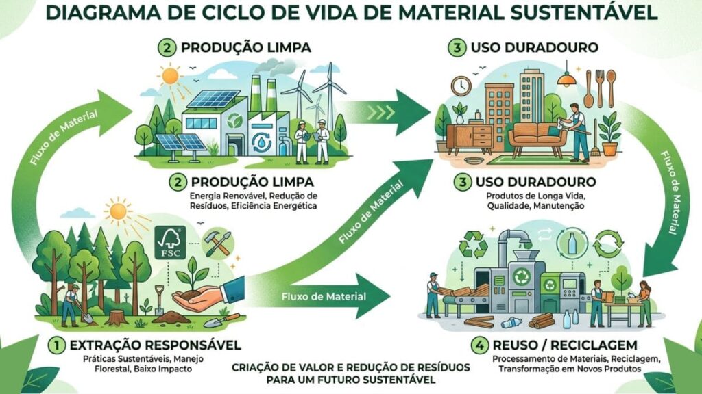 Como escolher materiais sustentáveis para decoração: Guia Prático 2026 6 ciclo de vida materiais sustentáveis diagrama