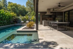 ambiente externo moderno piscina integrada a área gourmet e jardim com piso poroso antiderrapante