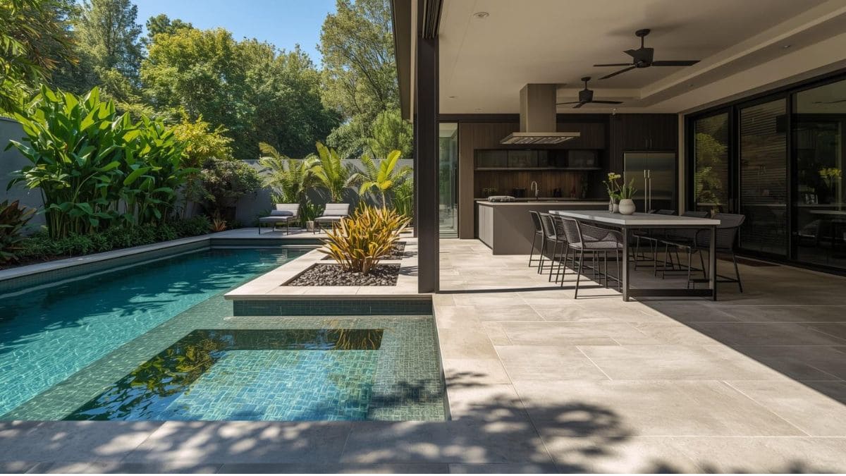 ambiente externo moderno piscina integrada a área gourmet e jardim com piso poroso antiderrapante