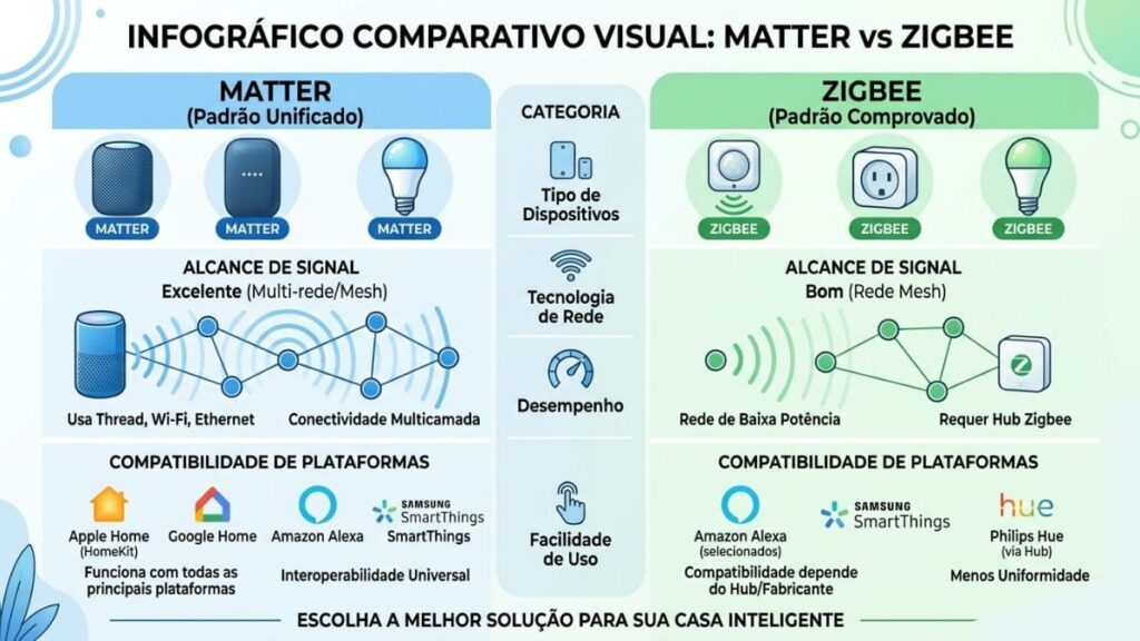 comparação Matter Zigbee protocolo casa inteligente infográfico