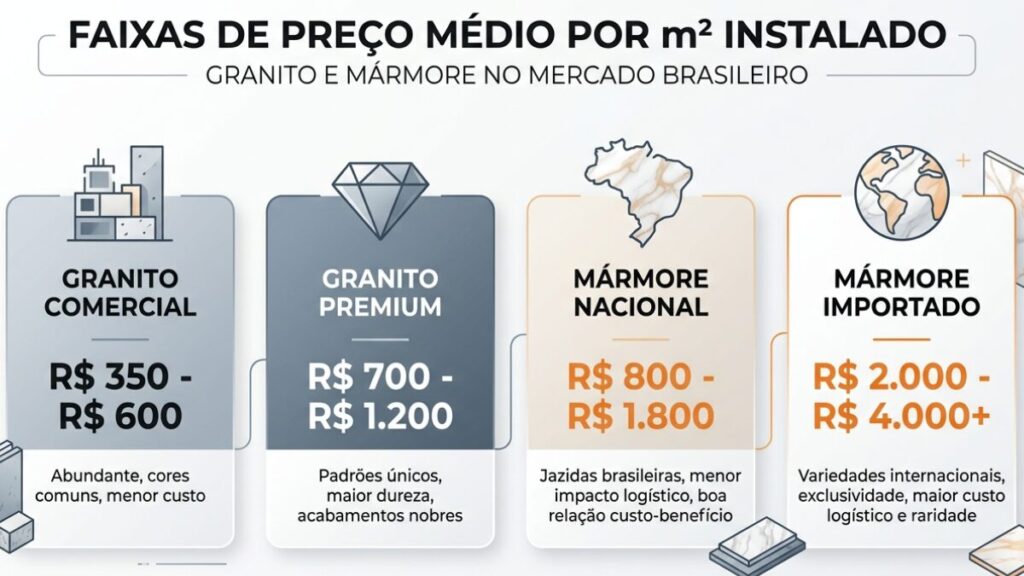 infográfico preço médio por metro quadrado granito e mármore instalado no Brasil