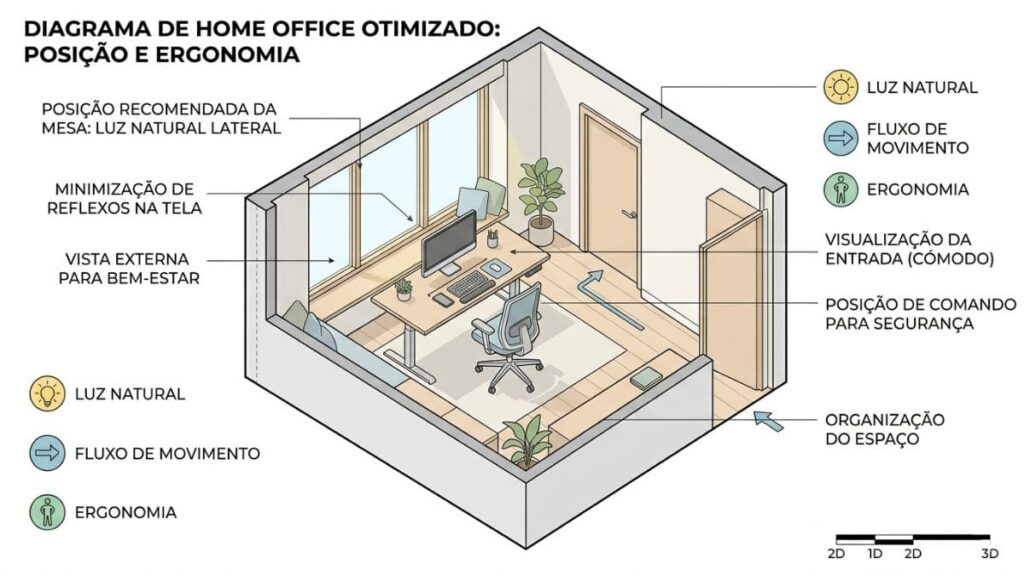 layout de home office neuroarquitetura perspectiva e refúgio