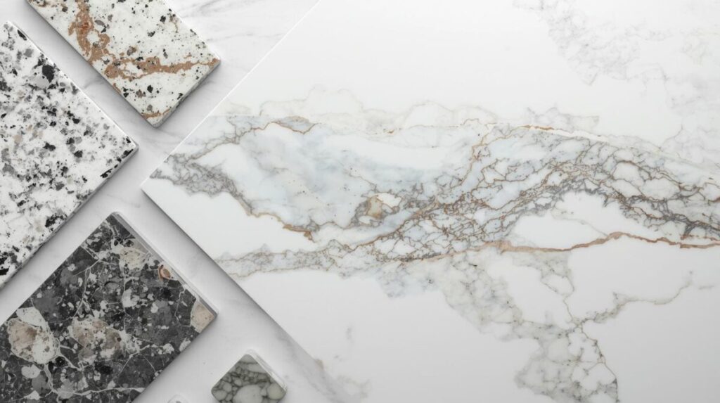 comparação entre quartzito branco granito e mármore amostras de pedra natural