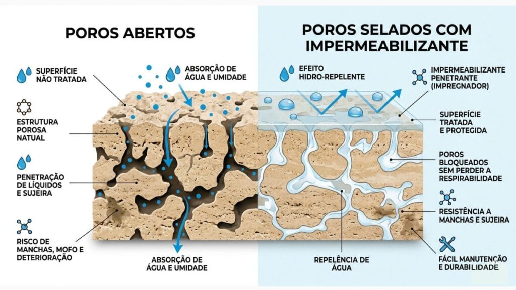 Impermeabilizantes para Pedras Naturais: Guia Técnico de Manutenção 2026 2 esquema técnico porosidade pedra natural e ação dos impermeabilizantes para pedras naturais