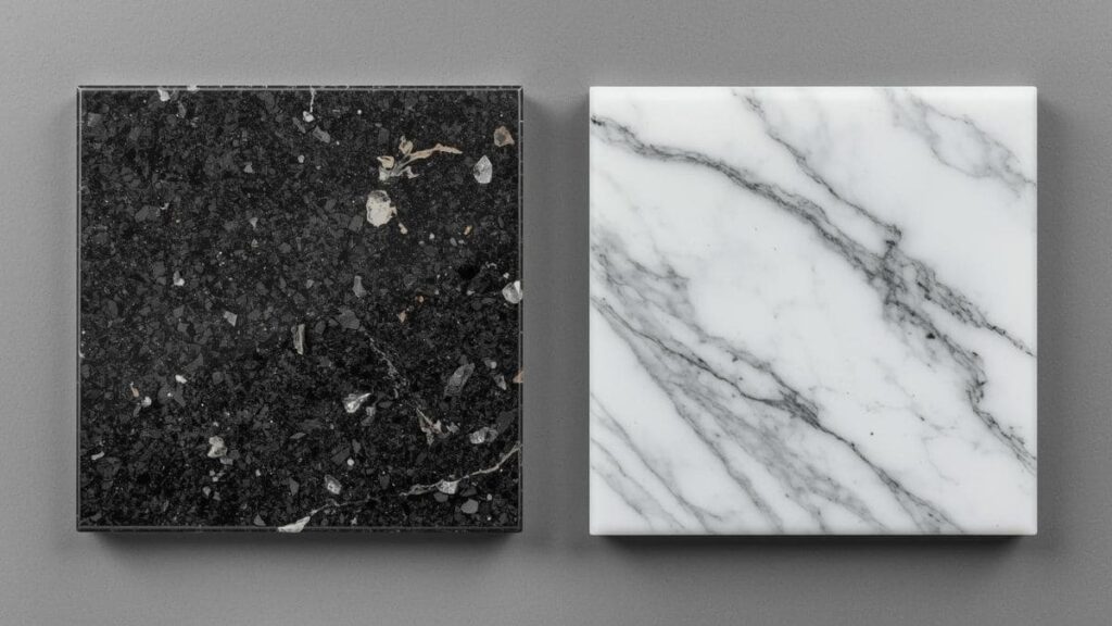 comparação de textura granito preto São Gabriel e mármore Carrara lado a lado. Granito ou mármore?