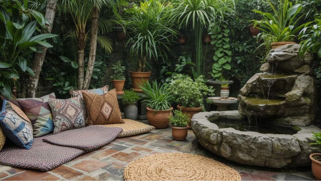 Ambiente de jardim maximalista biofílico com ricas camadas de texturas manuais, plantas e água.