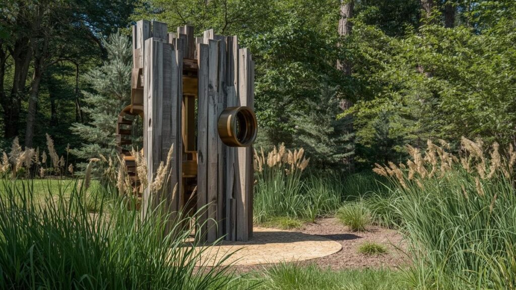 Escultura de luxo cultural feita à mão em madeira e bronze em jardim contemporâneo