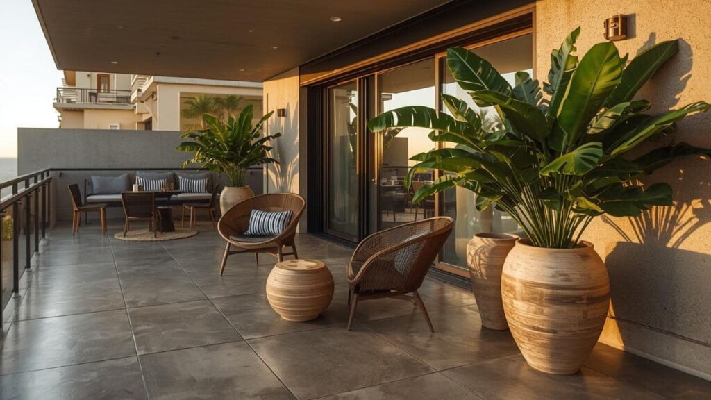 Varanda contemporânea misturando design moderno com vasos de cerâmica artesanal brasileiros e plantas tropicais.
