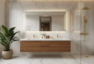 banheiro moderno 2026 bancada porcelanato iluminação embutida