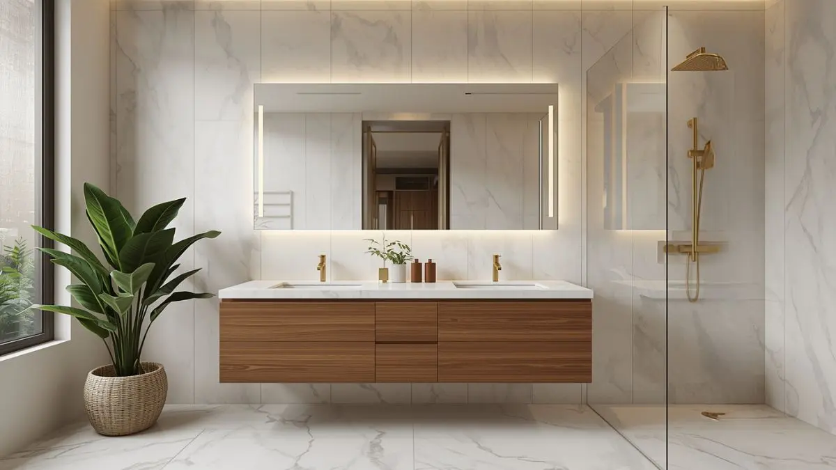 banheiro moderno 2026 bancada porcelanato iluminação embutida