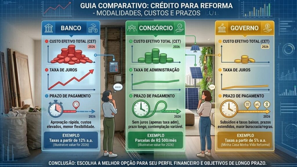 Como Obter Financiamento para Reforma Sustentável: Guia Completo 2026 5 comparativo financiamento reforma sustentável consórcio banco programa governo
