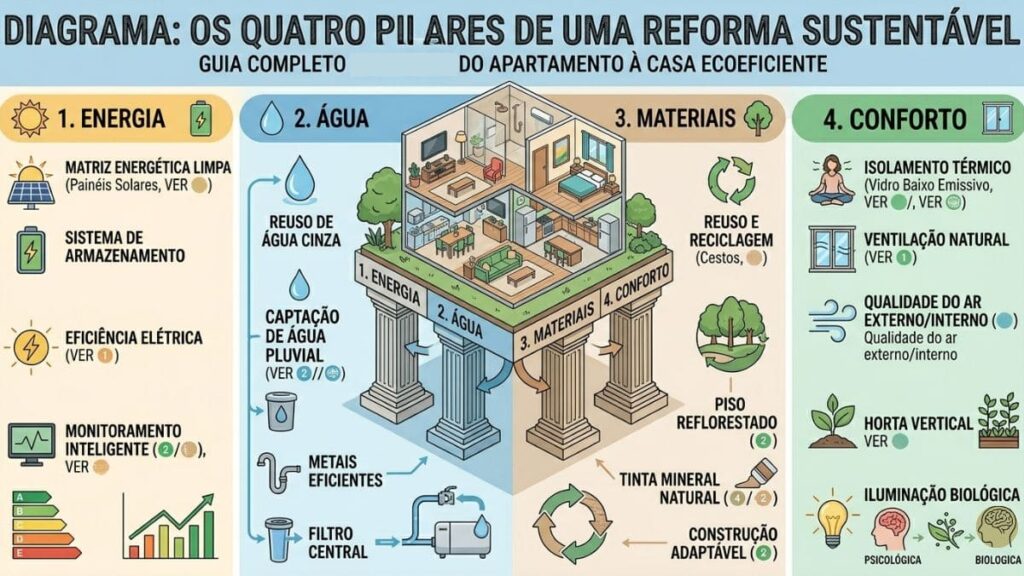 Como Obter Financiamento para Reforma Sustentável: Guia Completo 2026 3 diagrama pilares da reforma sustentável energia água materiais conforto
