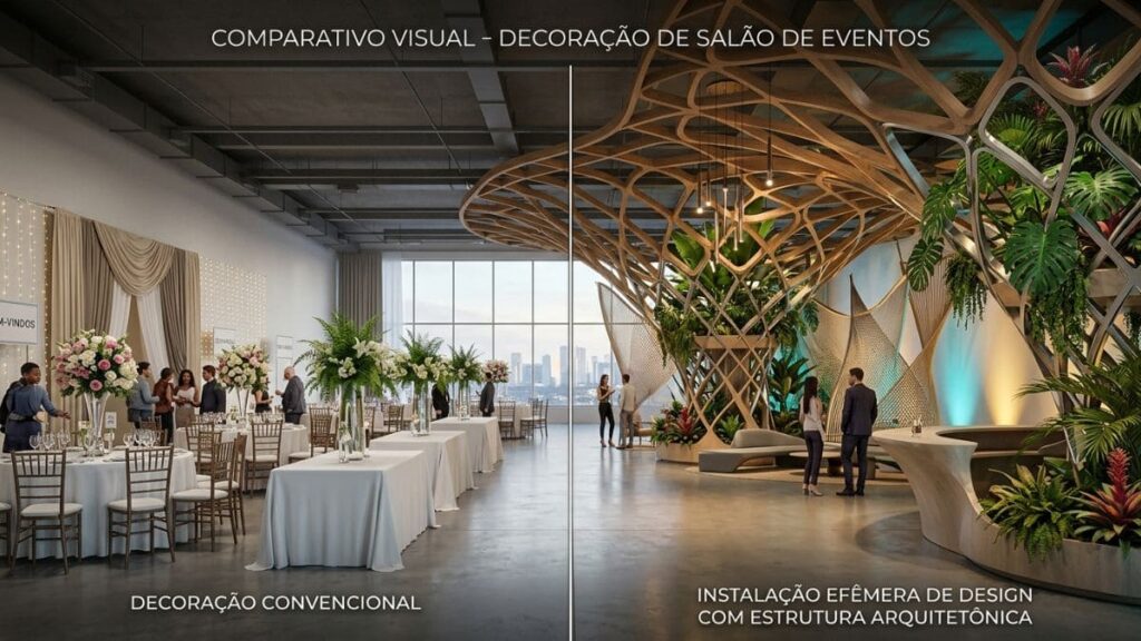 Design Efêmero para Eventos: Guia Completo 2026 3 diferença decoração eventos design efêmero cenografia estrutural