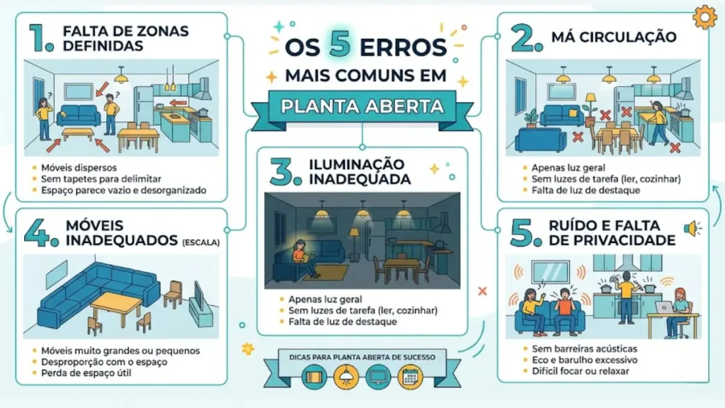 Planta aberta: tudo o que você precisa saber antes de demolir paredes 7 erros comuns planta aberta cozinha integrada sala reformas