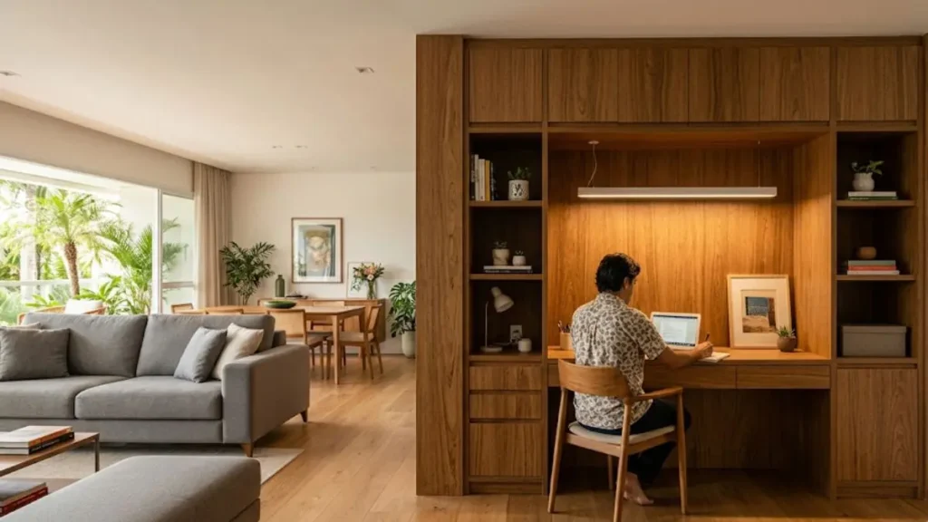 Planta aberta: tudo o que você precisa saber antes de demolir paredes 6 home office planta aberta nicho marcenaria sala integrada