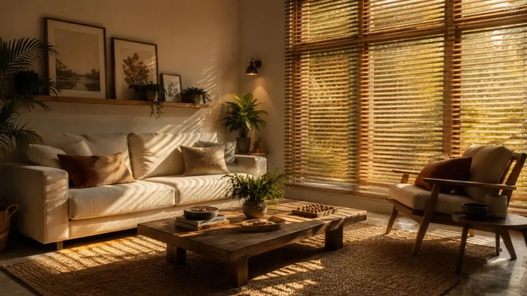 iluminação natural filtrada design sensorial veneziana madeira sala