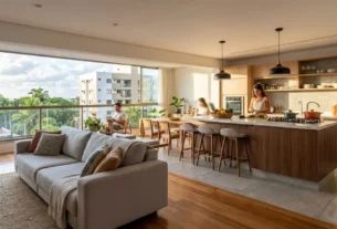 planta aberta sala cozinha integrada apartamento moderno luz natural
