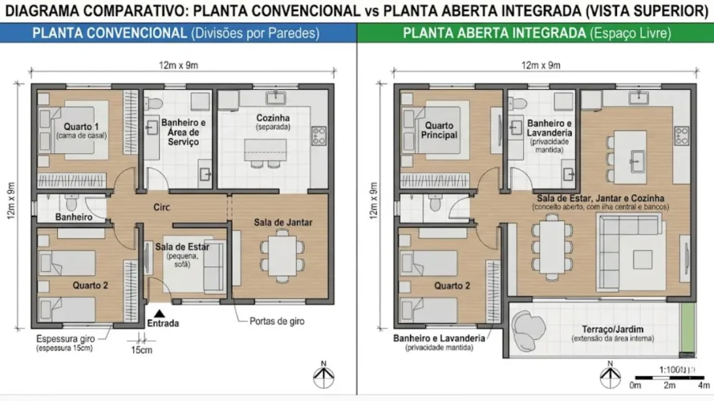Planta aberta: tudo o que você precisa saber antes de demolir paredes 3 planta baixa comparação ambiente integrado versus convencional