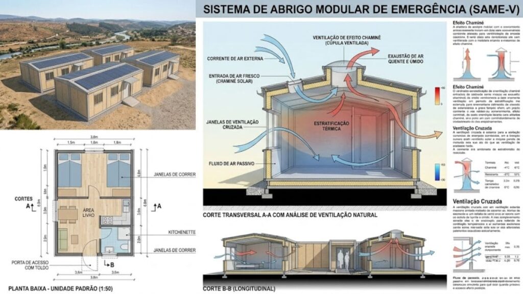 projeto arquitetônico abrigo emergência modular planta baixa corte ventilação